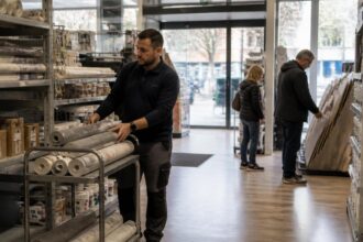 Εργαζόμενος τακτοποιεί προϊόντα σε κατάστημα ειδών ανακαίνισης στη Γερμανία