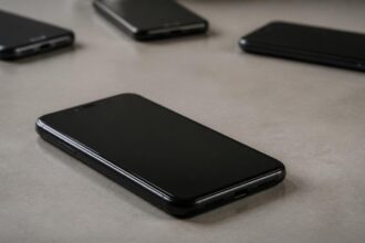 Κινητά τηλέφωνα πάνω σε ουδέτερη επιφάνεια, με ένα τηλέφωνο σε πρώτο πλάνο και τα υπόλοιπα θολά στο βάθος