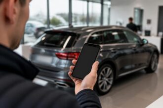 Αγοραστής κοιτάζει το κινητό του μέσα σε έκθεση αυτοκινήτων