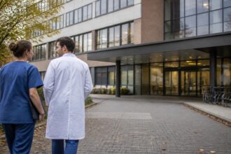Συμβολική σκηνή με εργαζομένους μπροστά στην είσοδο νοσοκομείου στη Βρέμη
