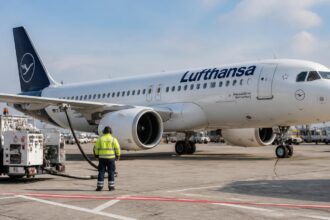 Αεροσκάφος της Lufthansa με όχημα ανεφοδιασμού και εργαζόμενο εδάφους σε αεροδρόμιο.