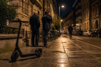 Συμβολική νυχτερινή σκηνή με ηλεκτρικό πατίνι και πεζούς σε δρόμο του Μάνχαϊμ