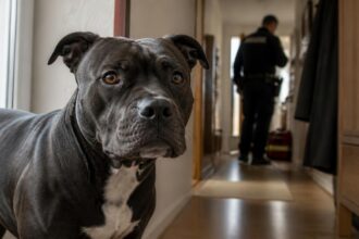 Συμβολική απεικόνιση σκύλου Staffordshire Bull Terrier σε κατοικία με αστυνομική παρουσία στο φόντο