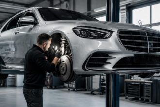Μηχανικός ελέγχει τον μπροστινό τροχό μιας Mercedes-Benz S-Class μέσα σε συνεργείο αυτοκινήτων.