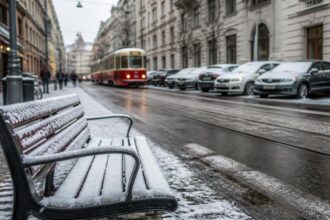 Ελαφριά χιονόστρωση σε παγκάκι και δρόμο του Μονάχου με τραμ στο βάθος