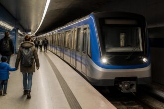 Συρμός μετρό σε σταθμό του Μονάχου με επιβάτες στην αποβάθρα, συμβολική εικόνα για τον σχεδιασμό επέκτασης της U5 προς το Freiham