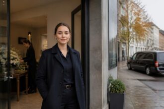 Νεαρή επαγγελματίας έξω από γραφείο τελετών στη Γερμανία, με διακριτικό όχημα κηδειών στο βάθος.