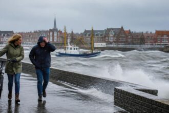 Ισχυροί άνεμοι και κύματα σε λιμάνι της Βόρειας Θάλασσας, με πεζούς να κινούνται στον παραλιακό δρόμο
