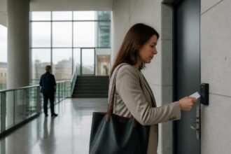 Συμβολική απεικόνιση εργαζομένου που χρησιμοποιεί κάρτα σε ηλεκτρονική είσοδο κοινοβουλευτικού κτιρίου στο Ντίσελντορφ