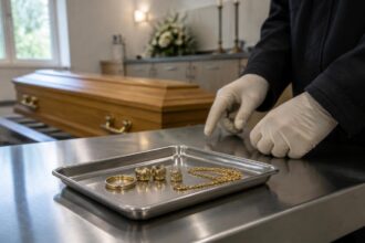 Οδοντικές χρυσές στεφάνες και κοσμήματα πάνω σε μεταλλικό δίσκο σε συμβολική σκηνή χώρου τελετών.