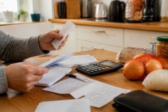 Χέρια οργανώνουν αποδείξεις αγορών και λογαριασμούς σε τραπέζι με αριθμομηχανή
