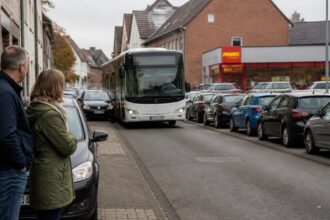 Σταθμευμένα αυτοκίνητα σε στενό δρόμο γερμανικής γειτονιάς κοντά σε σούπερ μάρκετ, με λεωφορείο να περνά προσεκτικά