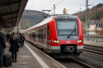 Περιφερειακό τρένο σε σιδηροδρομικό σταθμό στη Βαυαρία με επιβάτες στην αποβάθρα.