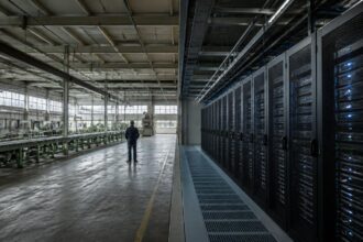 Συμβολική απεικόνιση μετατροπής πρώην εργοστασίου Playmobil σε κέντρο δεδομένων τεχνητής νοημοσύνης