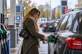 Ο δηγός ανεφοδιάζει αυτοκίνητο σε πρατήριο καυσίμων στη Γερμανία