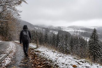Λεπτό στρώμα χιονιού δίπλα σε ορεινό δρόμο στο Φέλντμπεργκ του Μέλανα Δρυμού στη Γερμανία.