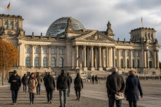 Το κτίριο του γερμανικού κοινοβουλίου Reichstag στο Βερολίνο με περαστικούς, συμβολική απεικόνιση της δημοσκόπησης για την κυβέρνηση