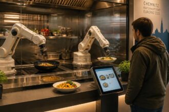 Συμβολική απεικόνιση δύο ρομποτικών βραχιόνων που ετοιμάζουν φαγητό πίσω από γυαλί σε εστιατόριο