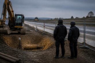Συμβολική εικόνα αποκλεισμένου εργοταξίου κοντά στην A5 με πυροτεχνουργούς και εκσκαφέα