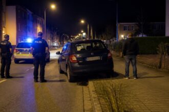Συμβολική νυχτερινή εικόνα Skoda Fabia σε γερμανικό δρόμο με αστυνομικό περιπολικό και μπλε φάρους