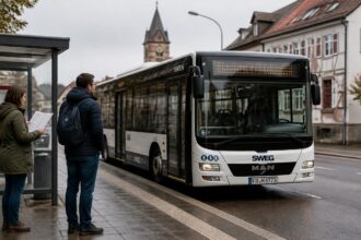 Λεωφορείο σε στάση στη Βάδη-Βυρτεμβέργη με επιβάτες που ελέγχουν τα δρομολόγια.