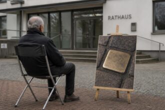 Συμβολική απεικόνιση ηλικιωμένου άνδρα σε σιωπηλή διαμαρτυρία έξω από γερμανικό δημαρχείο
