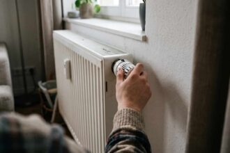 Ένα χέρι ρυθμίζει τον θερμοστάτη ενός λευκού καλοριφέρ σε διαμέρισμα