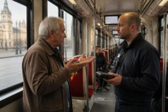 Συμβολική εικόνα ελέγχου εισιτηρίων μέσα σε τραμ στη Γερμανία, με επιβάτη και ελεγκτή