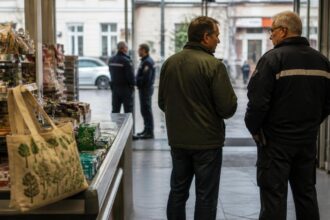 Συμβολική σκηνή σε κατάστημα με τσάντα αγορών, πελάτη και υπάλληλο ασφαλείας στη Στουτγάρδη.