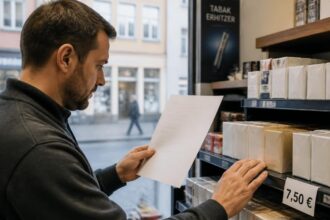 Συμβολική απεικόνιση καταστήματος καπνικών στη Γερμανία, με πακέτα τσιγάρων και έγγραφο φορολογίας