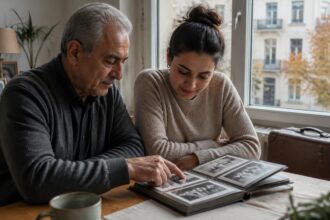 Ηλικιωμένος άνδρας και νεότερη γυναίκα ξεφυλλίζουν οικογενειακό άλμπουμ σε σπίτι στη Γερμανία, συμβολίζοντας τις γενιές της τουρκικής μετανάστευσης.