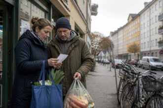 Δύο κάτοικοι της Γερμανίας κοιτούν μια απόδειξη αγορών έξω από κατάστημα τροφίμων, συμβολίζοντας τις πιέσεις στο βιοτικό επίπεδο.