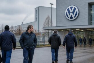 Εργαζόμενοι αποχωρούν από βιομηχανικό συγκρότημα με το σήμα Volkswagen στη Γερμανία, σε συμβολική εικόνα.
