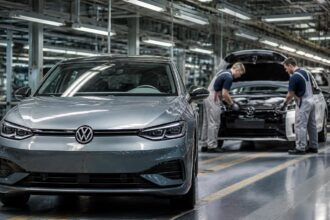 Αυτοκίνητο Volkswagen και εργαζόμενοι σε συμβολική απεικόνιση γερμανικής γραμμής παραγωγής