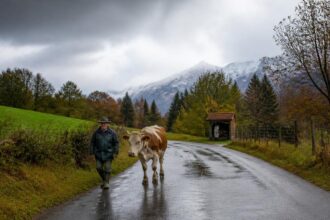 Συμβολική εικόνα με βροχερό φθινοπωρινό τοπίο στη Γερμανία και χιονισμένες ορεινές κορυφές στο βάθος.