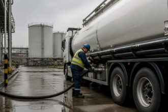 Εργαζόμενος ελέγχει σωλήνα μεταφοράς καυσίμων δίπλα σε βυτιοφόρο σε βιομηχανική εγκατάσταση διανομής πετρελαιοειδών.