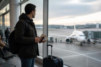 Ταξιδιώτης με βαλίτσα κρατά ταξιδιωτικά έγγραφα και μετρητά σε γερμανικό αεροδρόμιο