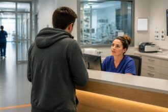 Ασθενής συνομιλεί με επαγγελματία υγείας στην υποδοχή επειγόντων νοσοκομείου στη Γερμανία