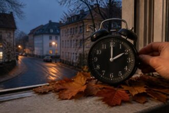 Συμβολική εικόνα ξυπνητηριού που δείχνει 02:00 ανάμεσα σε φθινοπωρινά φύλλα για την αλλαγή ώρας στη Γερμανία